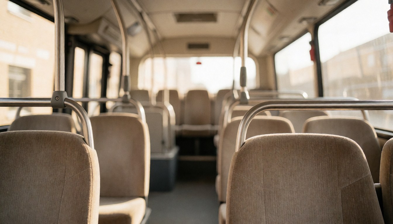Interior view of a tour bus featuring beige seats and metal handrails with warm lighting and a blurred background suitable for text overlay