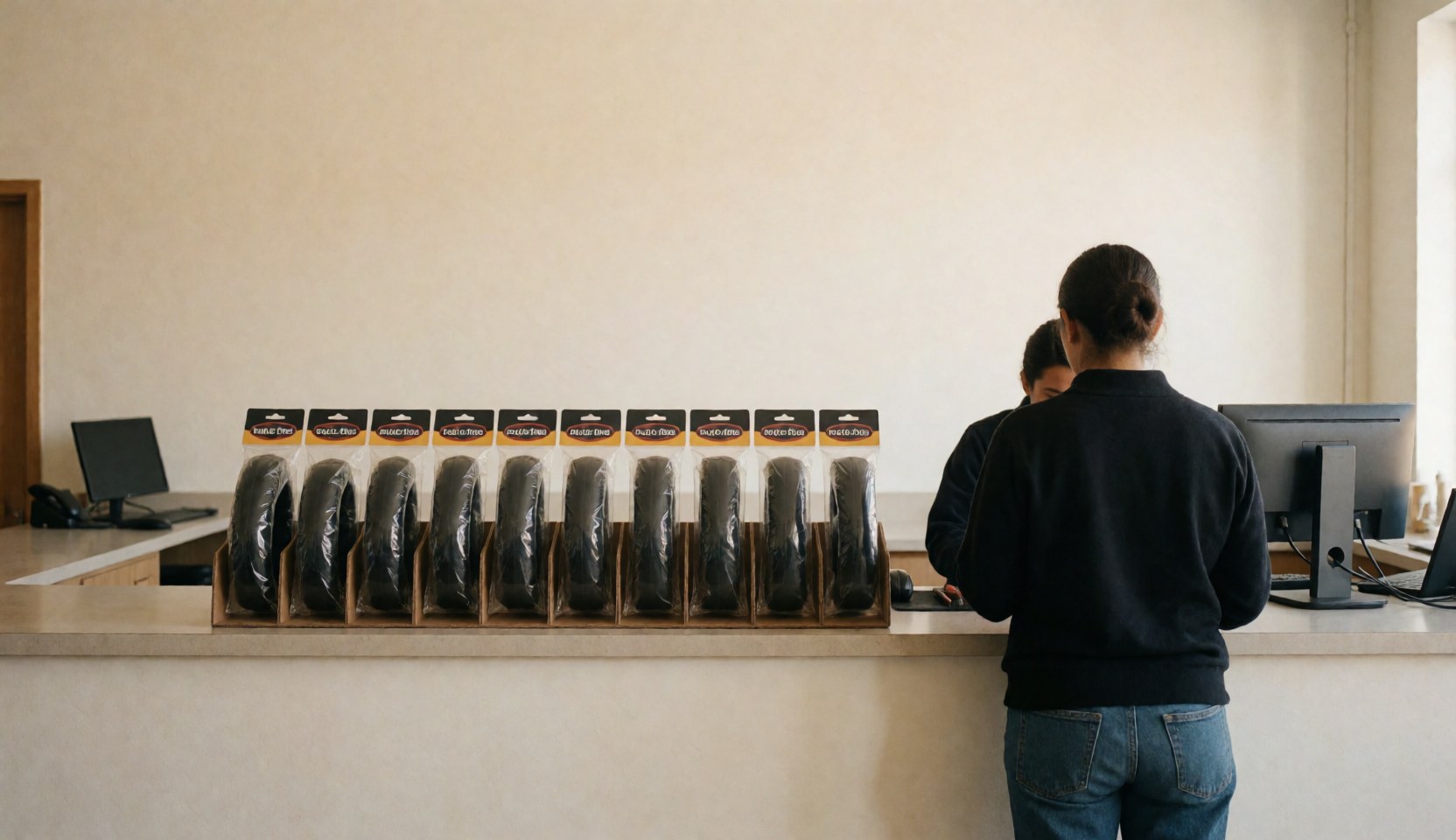Two people standing at a bike repair shop counter displaying inner tubes, with cream walls and computers in the background.