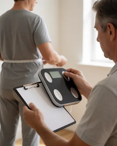Personal trainer measures client's waist using a tape measure and digital scale in a gym setting
