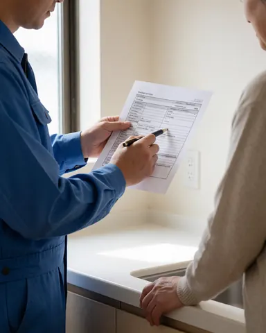 Plumber in blue uniform explains pipe repair details to a client in a kitchen while holding a report and pen.