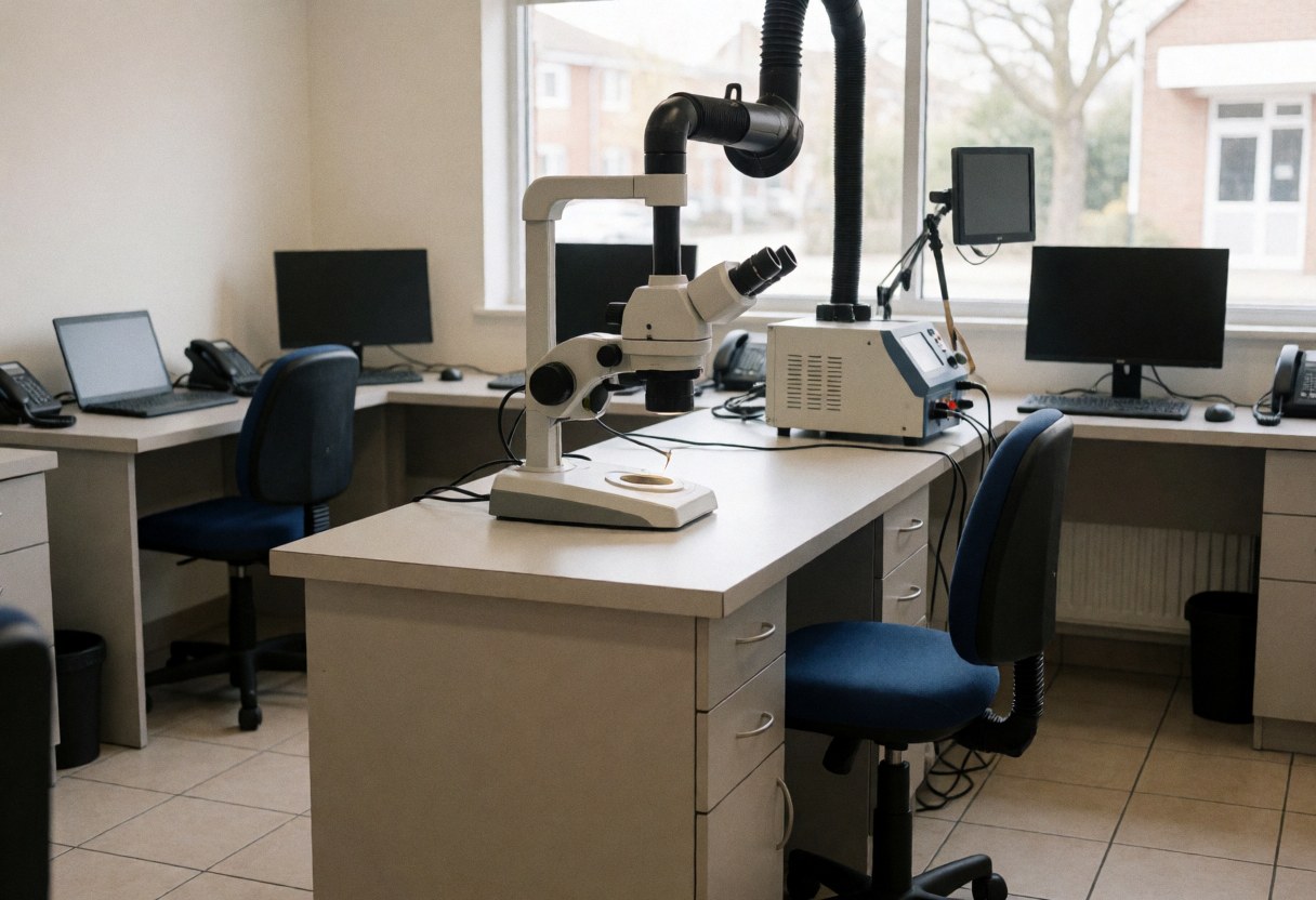 Digital microscope mounted on a soldering station in a clean cell phone repair workshop with organized work tables and smoke extractor.