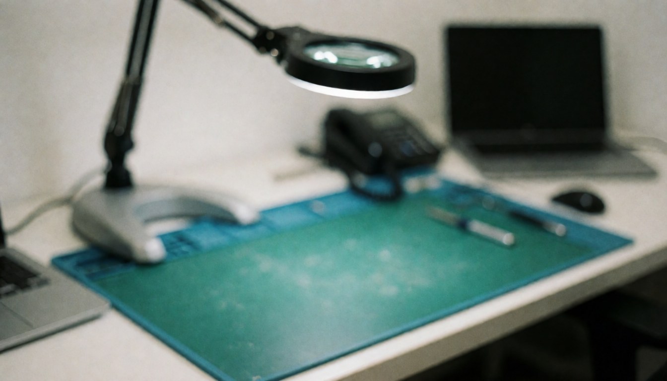 A clean technical work desk featuring magnifying glasses and a green mat, suitable as a background for text related to console repair services