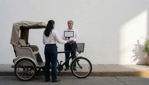 A bicycle taxi driver attends to a client next to his vehicle on an urban street with a white wall.