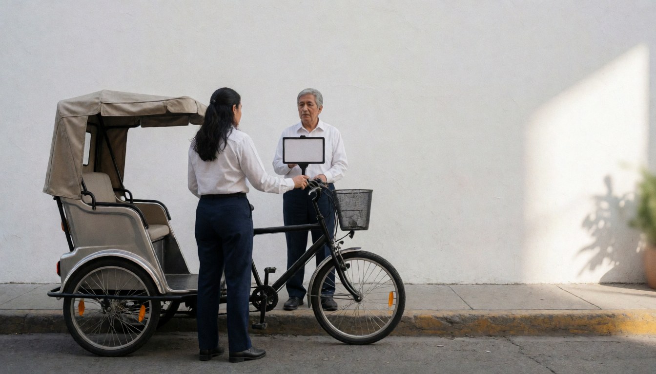 A bicycle taxi driver attends to a client next to his vehicle on an urban street with a white wall.