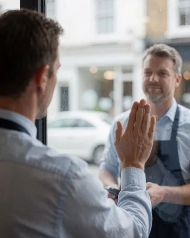 A satisfied customer touches the transparent glass of a clean display window, reflecting the outside, while a professional cleaner in an apron attends to the service.