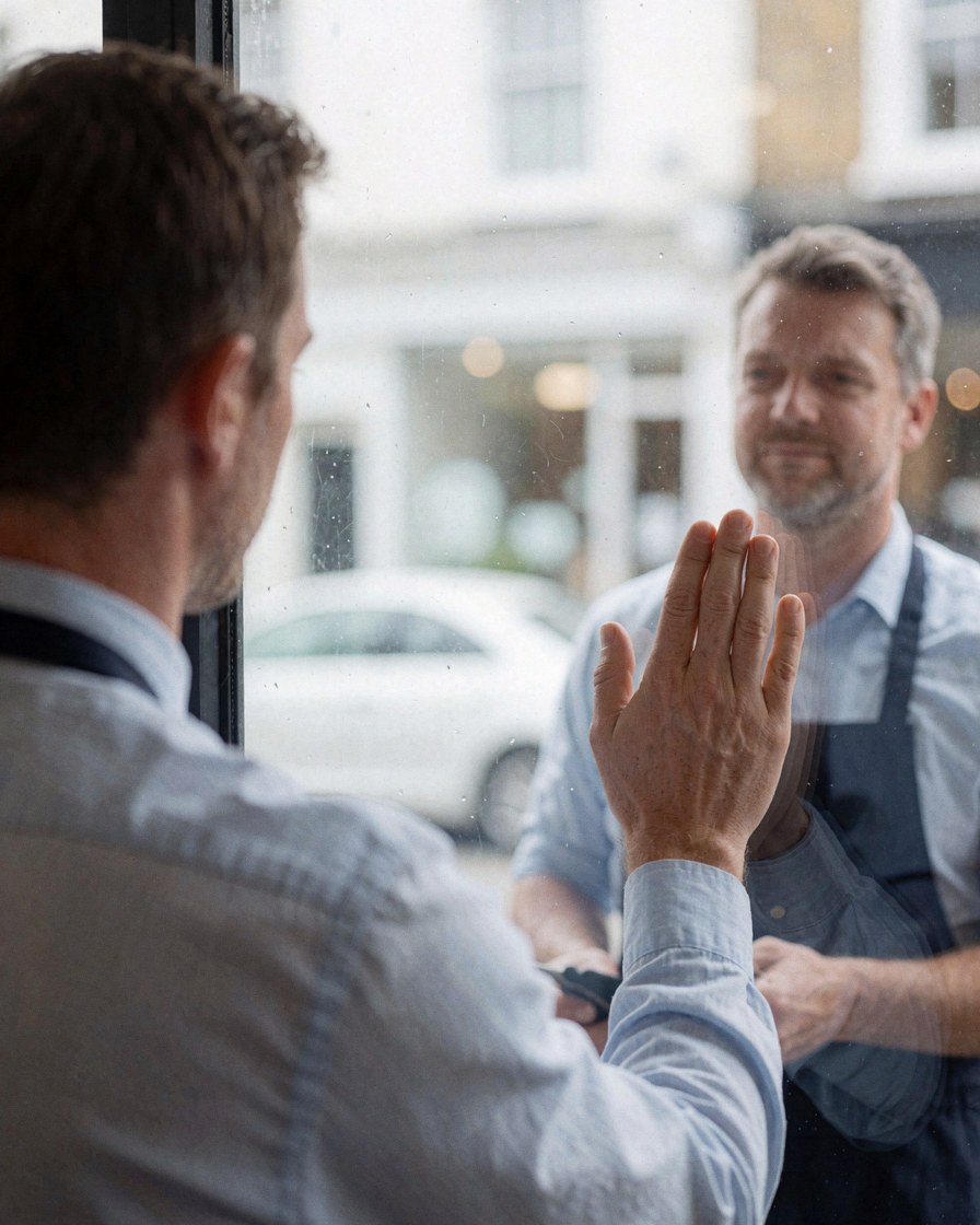 A satisfied customer touches the transparent glass of a clean display window, reflecting the outside, while a professional cleaner in an apron attends to the service.