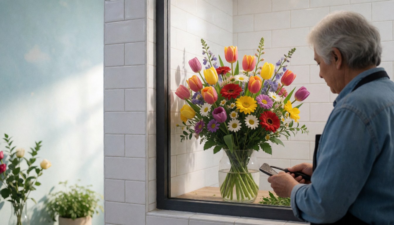 A florist arranging a bouquet of tulips and daisies in a shop window with white tiled walls and natural light