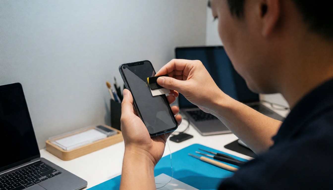 Close-up of technician applying protective film to a smartphone screen during mobile repair service