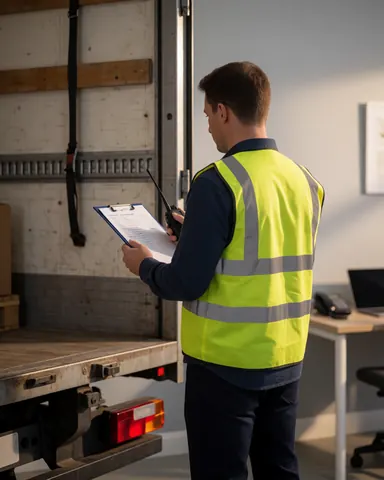 Freight driver in a reflective vest reviews a delivery list while standing near an open cargo truck with a radio in hand.