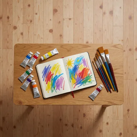 Open sketchbook with colorful drawing, paint tubes, and brushes on a wooden table in an art studio