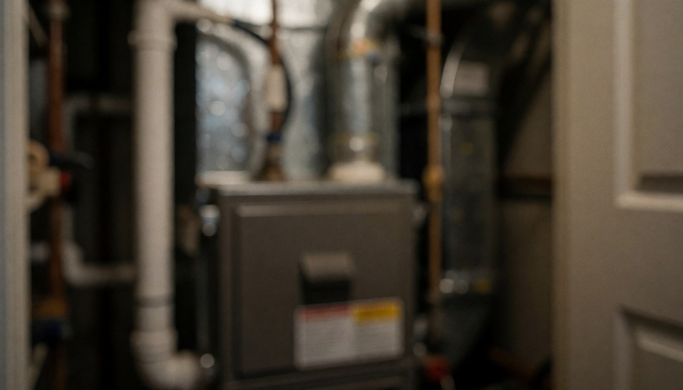 Out of focus industrial heating closet background with pipes and boiler unit, ideal for commercial text overlays.