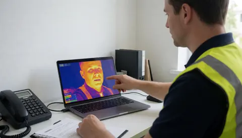Technician in reflective vest checks thermal map on laptop in temporary office showing insulation analysis results