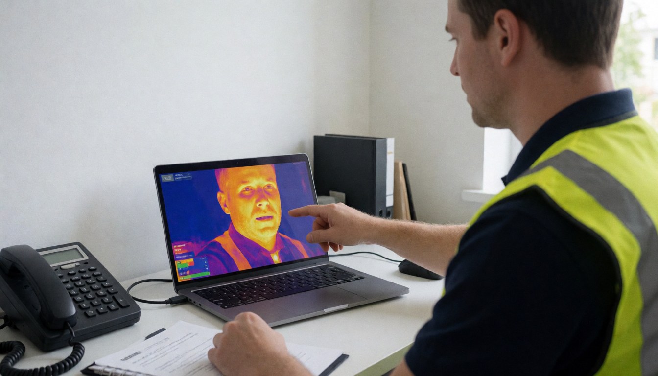 Technician in reflective vest checks thermal map on laptop in temporary office showing insulation analysis results