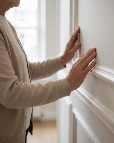 Close-up of a hand touching the smooth surface of white painted wood trim in a retail store setting