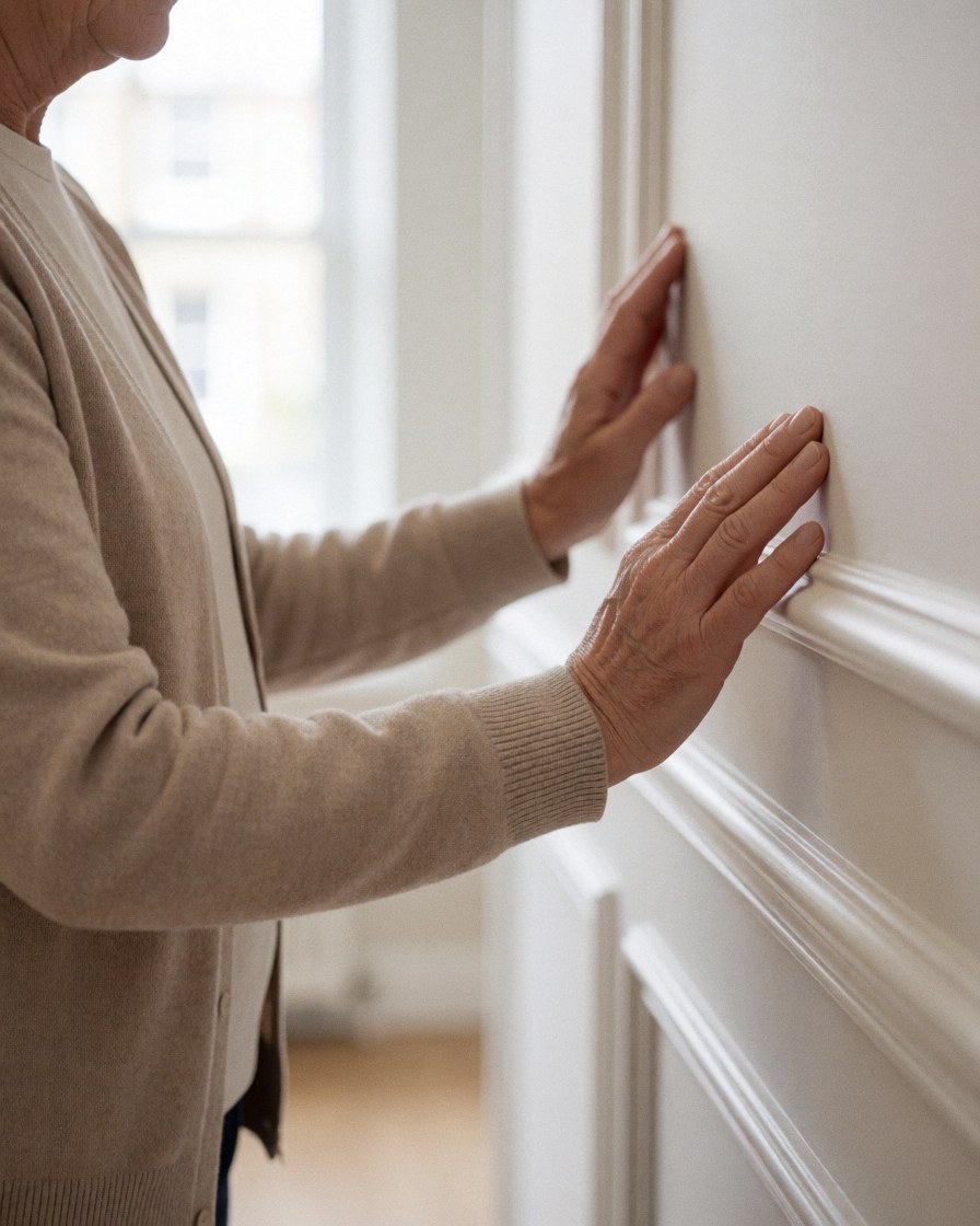 Close-up of a hand touching the smooth surface of white painted wood trim in a retail store setting