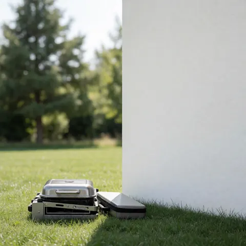 A folded portable grill resting on green grass next to a white wall, suitable for outdoor camping and picnics.