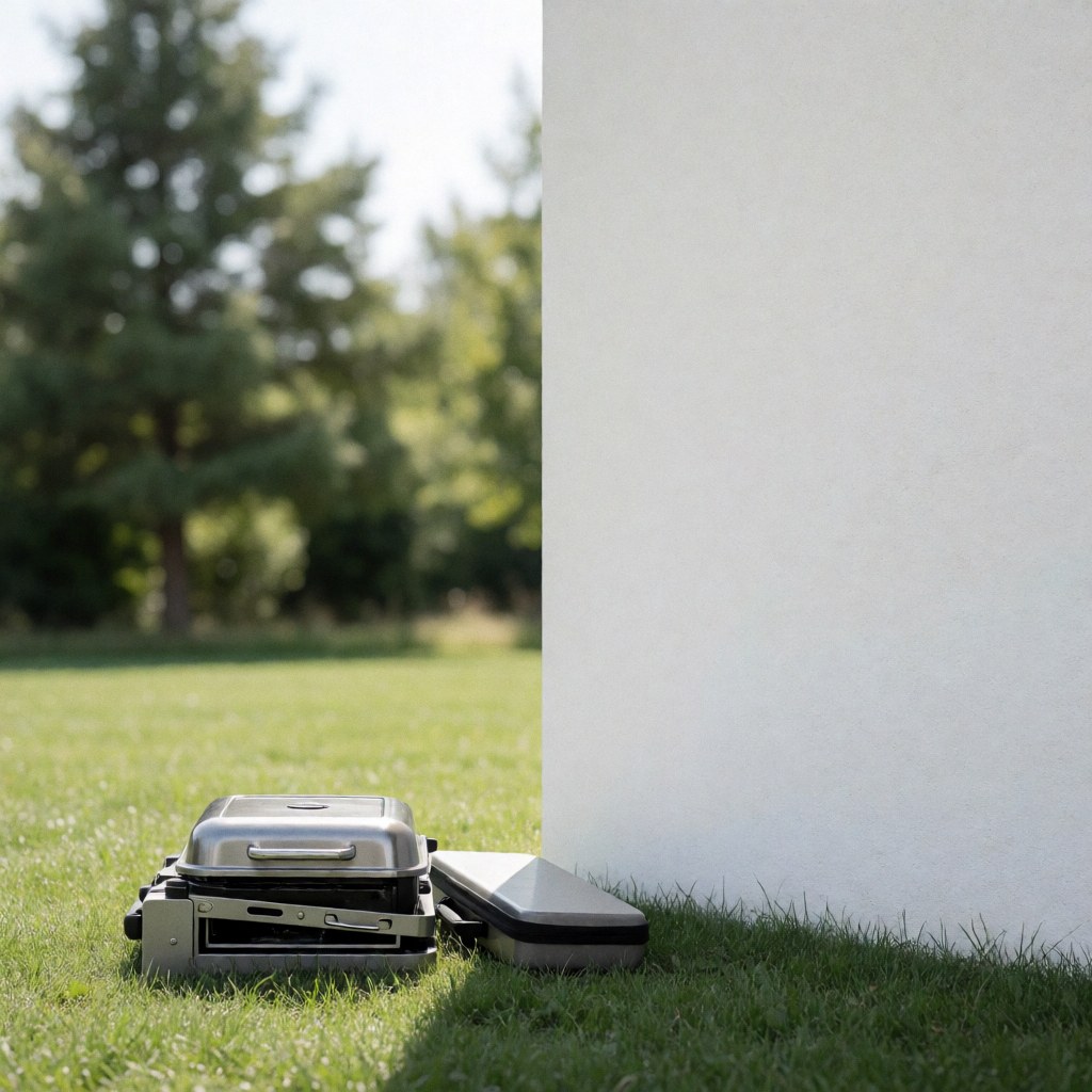 A folded portable grill resting on green grass next to a white wall, suitable for outdoor camping and picnics.