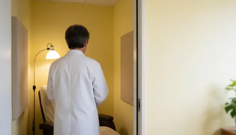 Back view of a hypnotherapist in a white coat standing in a therapy room with a reclining chair, acoustic panels, yellow walls, and floor lighting
