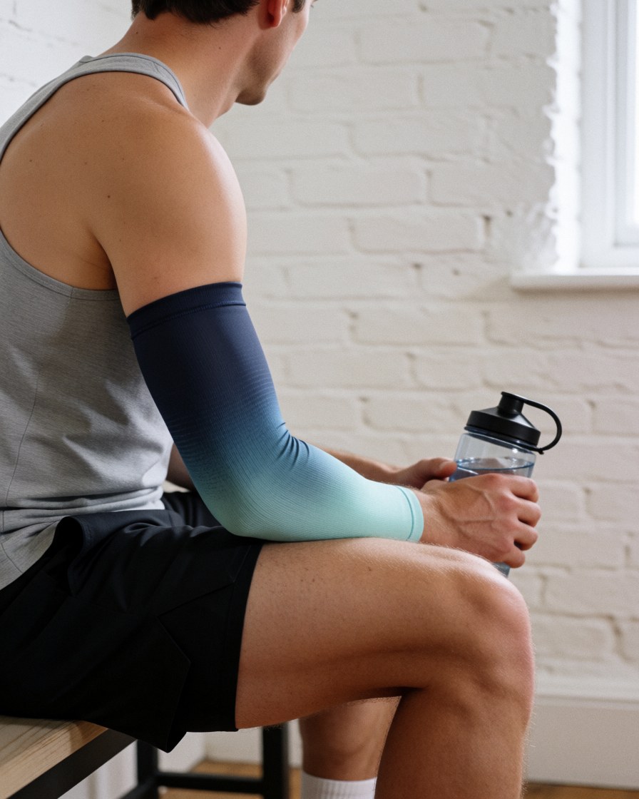 Athlete wearing compression sleeve holding water bottle against white brick wall after workout