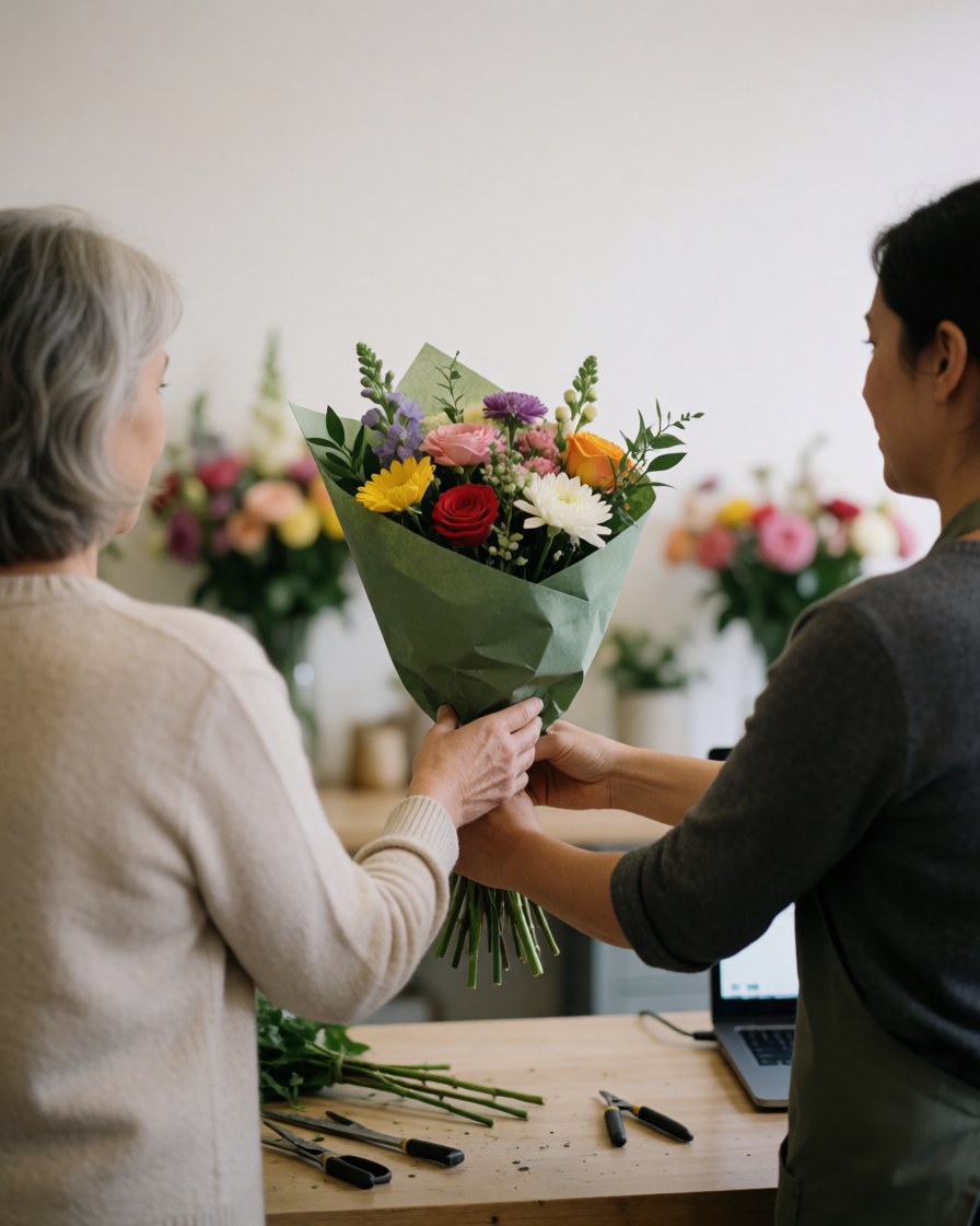 A happy customer receives a colorful flower bouquet in a florist shop with hands and tools visible on a wooden table