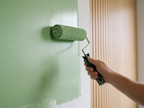 Hand using a roller to apply green paint on a plaster wall with light wood slats in the background