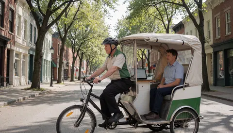 A bicycle taxi driver with a passenger riding along a historic tree-lined street, promoting eco-friendly urban transport services.
