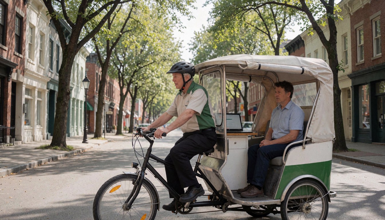 A bicycle taxi driver with a passenger riding along a historic tree-lined street, promoting eco-friendly urban transport services.