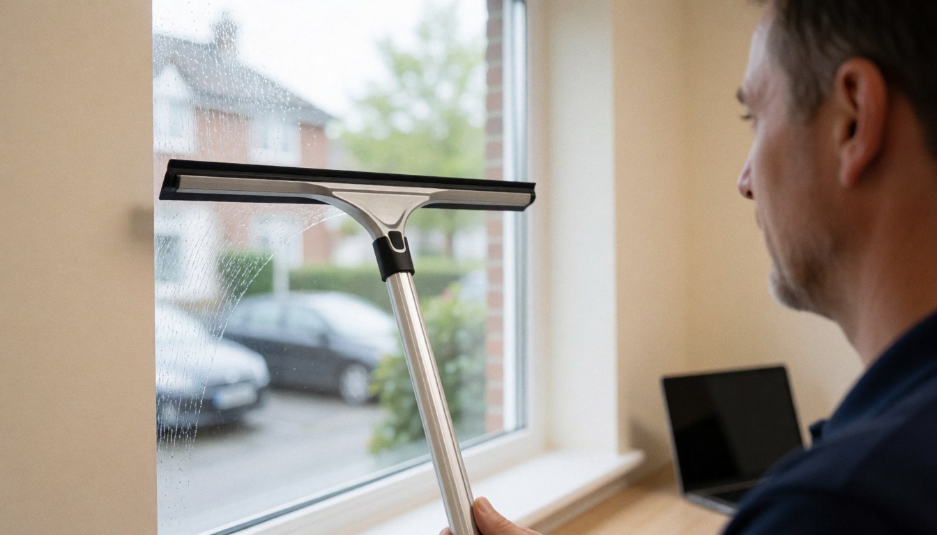 Professional cleaning a window with a squeegee, beige walls, laptop in background, glass cleaning scene