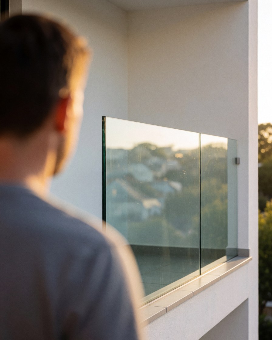 A satisfied client examines the newly installed glass railing on a balcony featuring white walls and scenic landscape reflections.