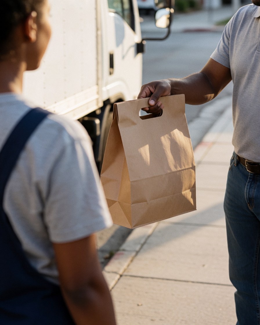A delivery person hands a food bag to a customer on the sidewalk with a white delivery truck in the background during sunset.