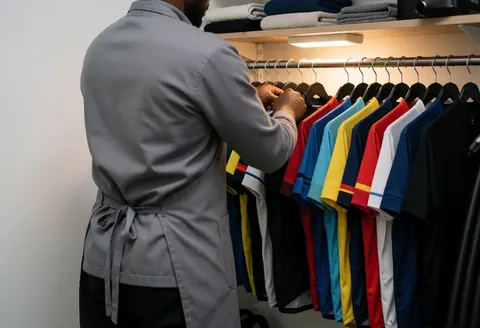 Cycling coach adjusting a jersey in a maintenance room with warm lighting and organized cycling gear on hangers