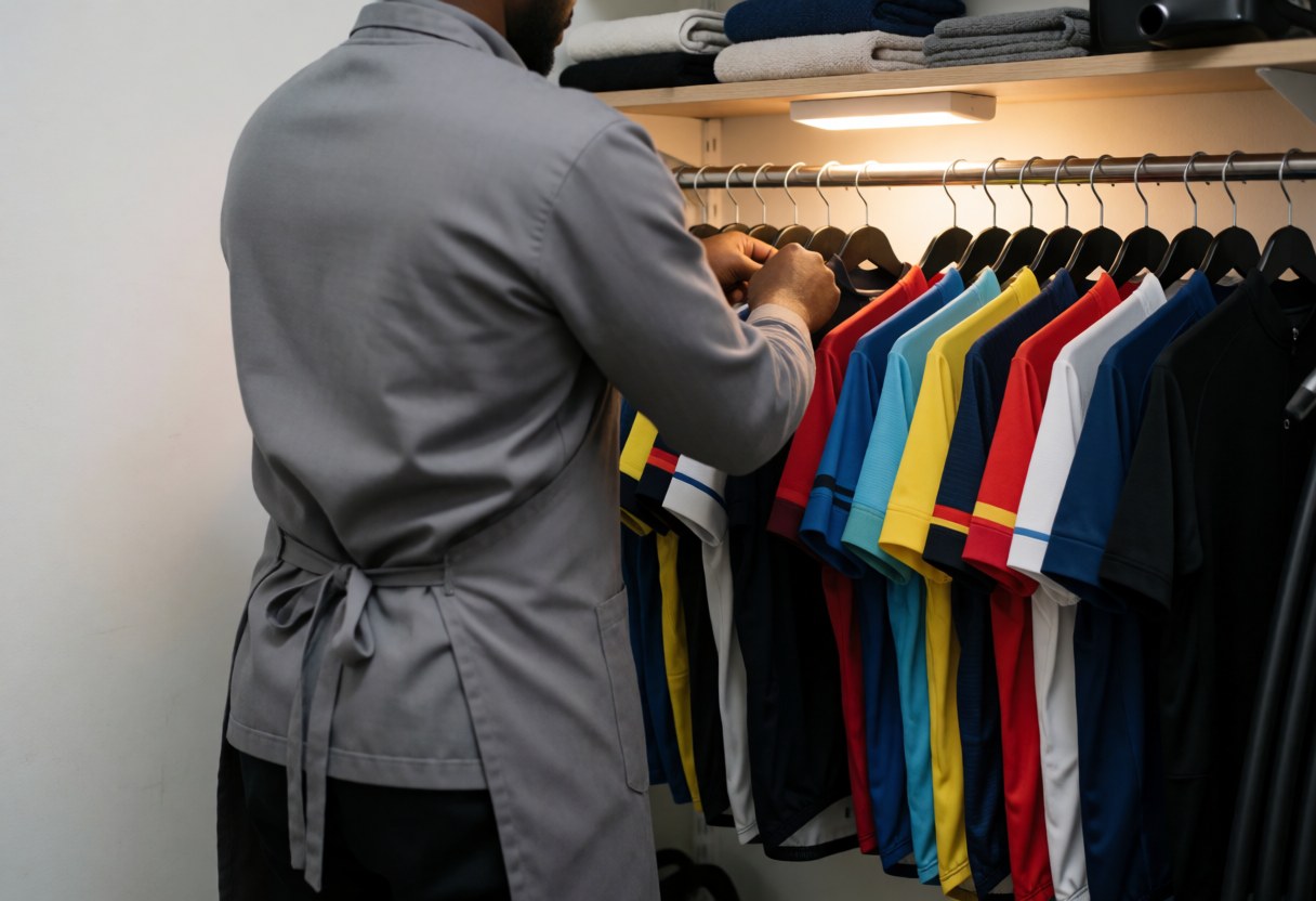 Cycling coach adjusting a jersey in a maintenance room with warm lighting and organized cycling gear on hangers