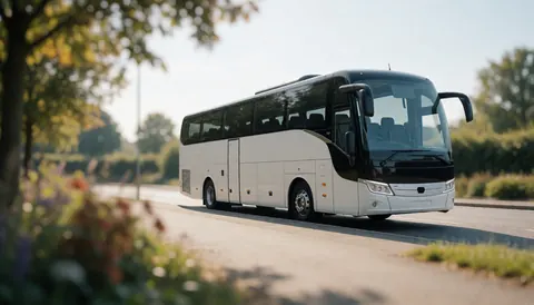 A white tour bus parked on a road with trees and a blurred background, ideal for text about transportation services.
