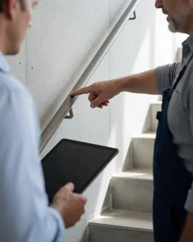 Professional in an apron points to a concrete staircase railing while a client with a tablet observes the repair scene.
