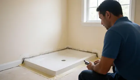 A bathtub installer working in a renovated bathroom with visible waterproofing membrane and light beige painted walls illuminated by natural light.