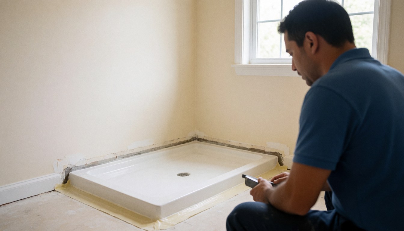 A bathtub installer working in a renovated bathroom with visible waterproofing membrane and light beige painted walls illuminated by natural light.