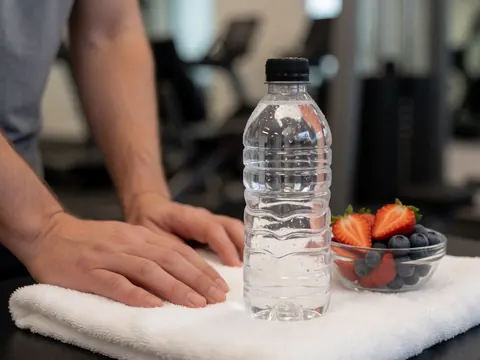 A water bottle with condensation and fresh fruit slices resting on a white towel in a gym setting.