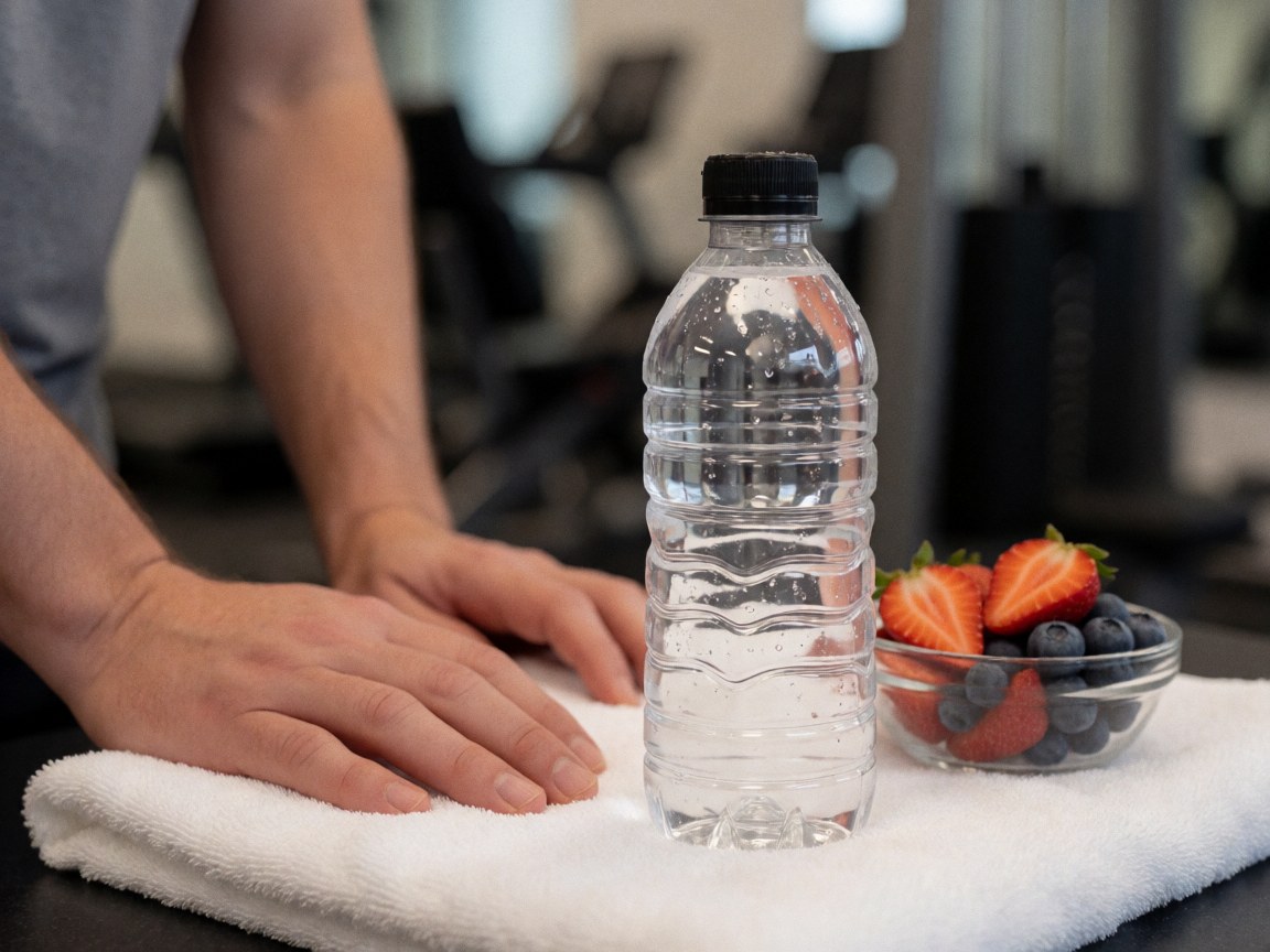A water bottle with condensation and fresh fruit slices resting on a white towel in a gym setting.