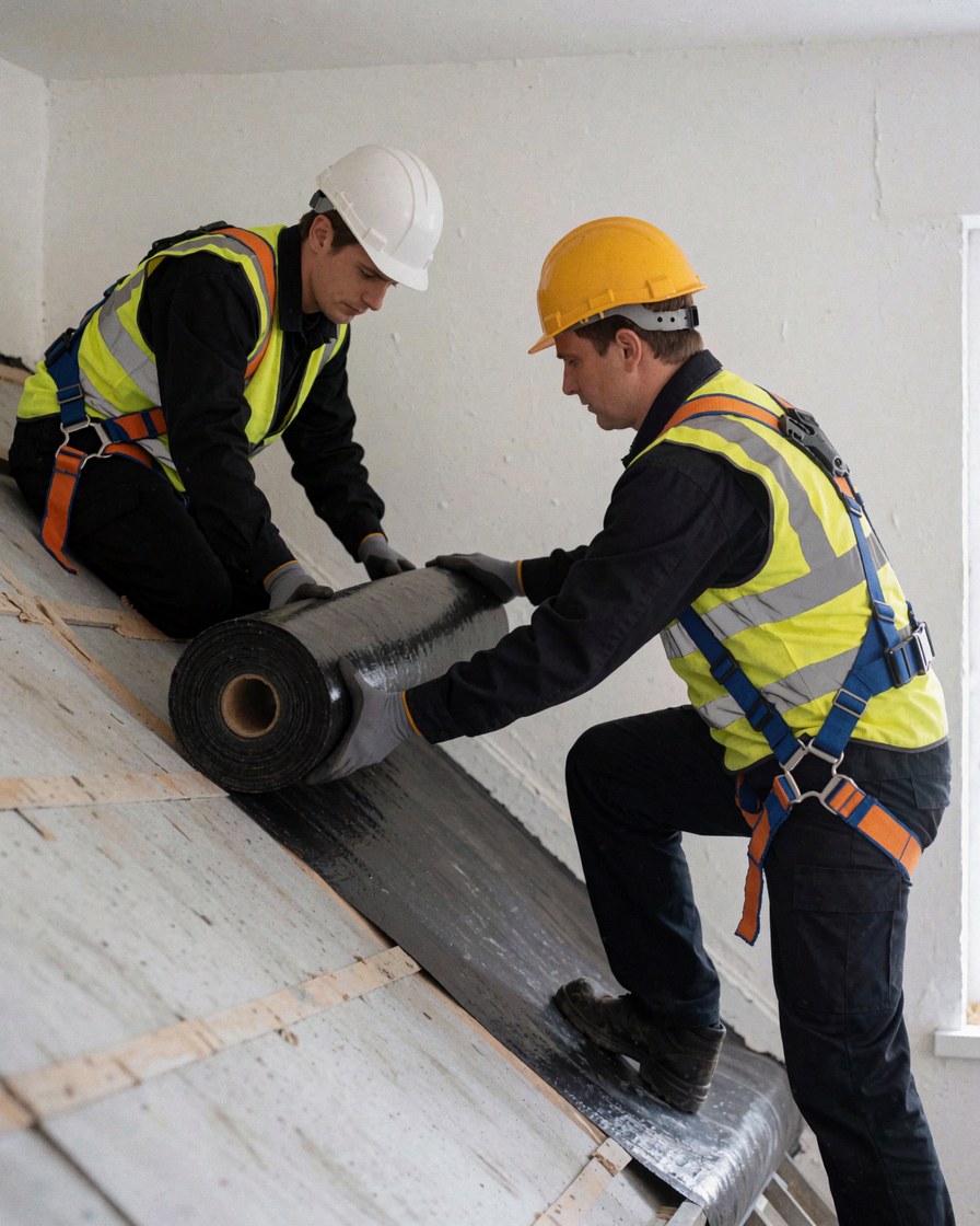 Two workers wearing hard hats and safety harnesses unroll a large bituminous membrane roll on an inclined roof surface.
