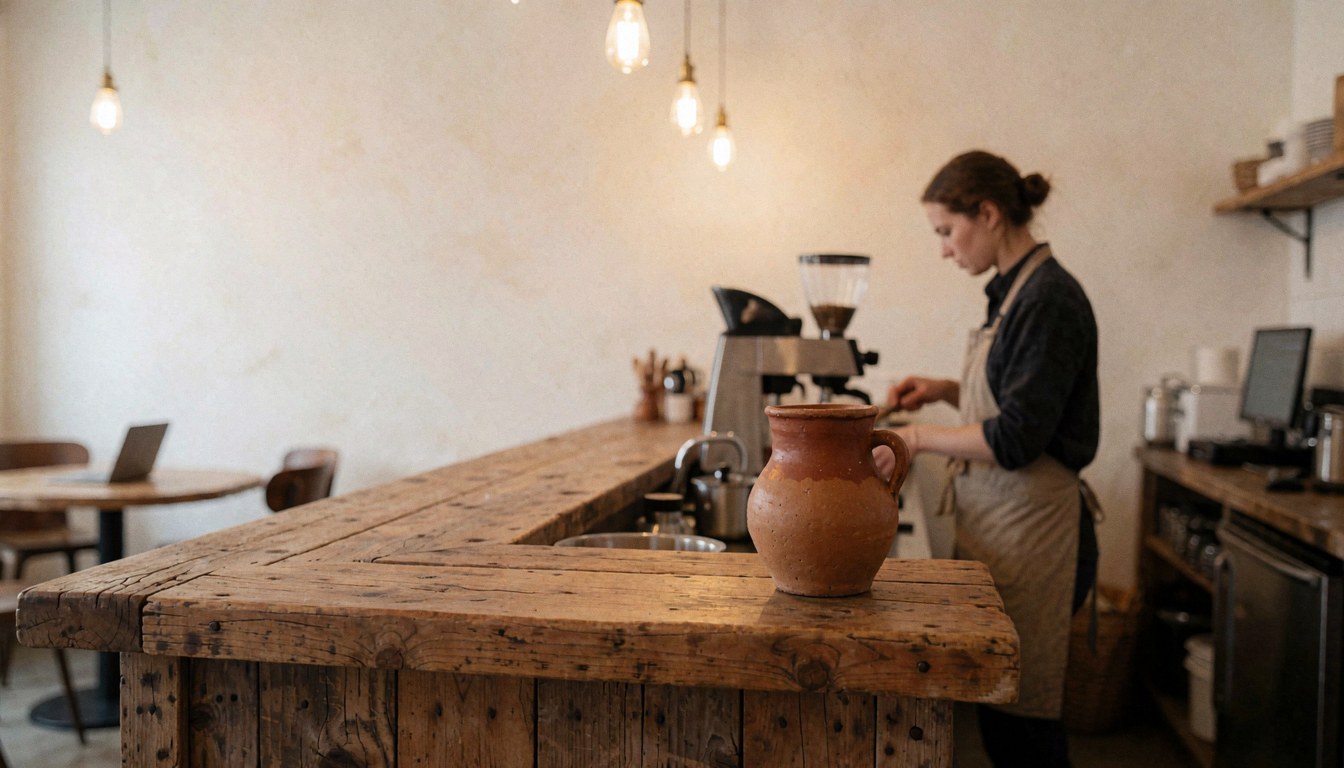 Rustic wooden counter featuring a traditional clay pot in a warm, professional coffee shop setting.