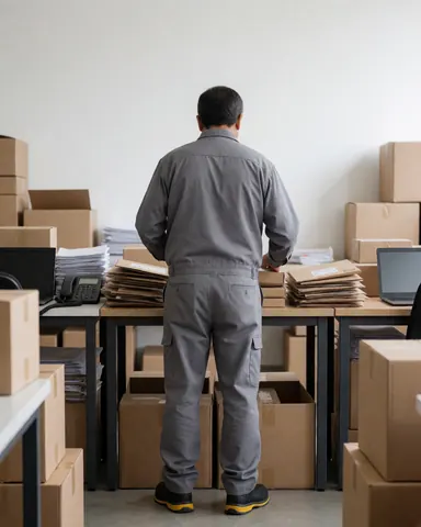 Logistics professional sorting cardboard boxes on a table in a clean warehouse