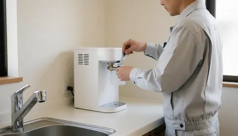 Plumber in gray uniform installing a white water filter in a modern kitchen with a sink and white walls