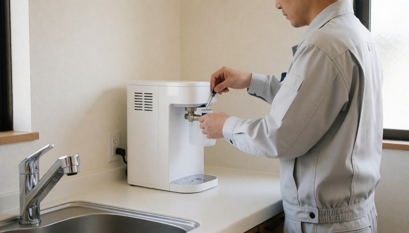 Plumber in gray uniform installing a white water filter in a modern kitchen with a sink and white walls
