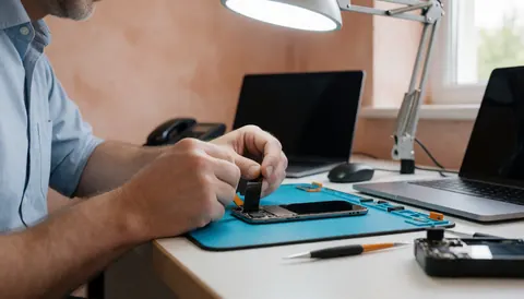Technician inserting a cable into the motherboard of a disassembled smartphone on a clean workbench under task lighting
