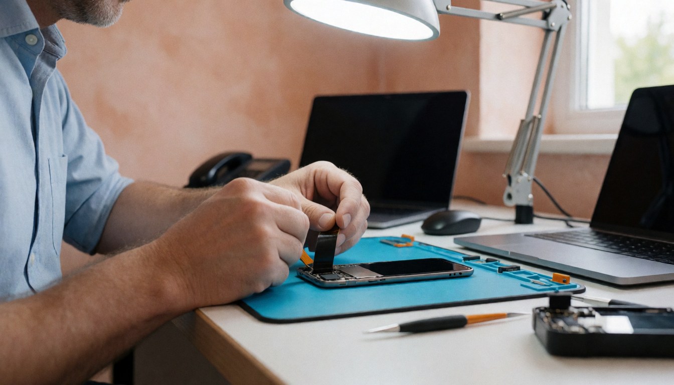 Technician inserting a cable into the motherboard of a disassembled smartphone on a clean workbench under task lighting
