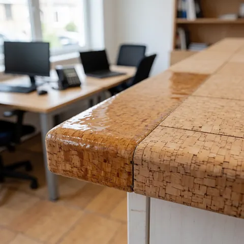 Close-up of a glossy, waterproof cork flooring edge in a modern office with natural light