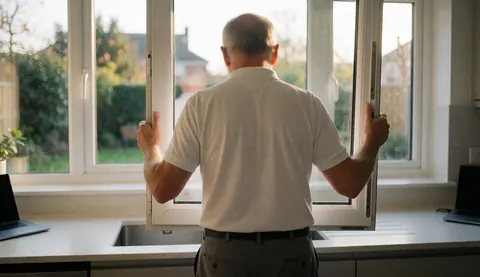 A worker installing a PVC window in a modern kitchen with warm lighting, suitable for a window installation business.