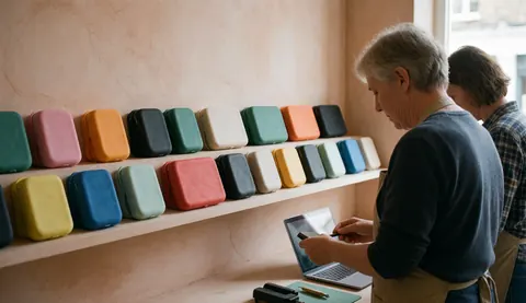 Colorful silicone phone cases arranged on shelves in a small electronics store with terracotta walls and natural light.