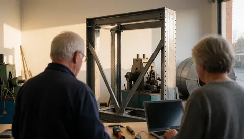 Professionals inspecting a steel structure in an industrial workshop with machinery and metal rolls under sunset light.