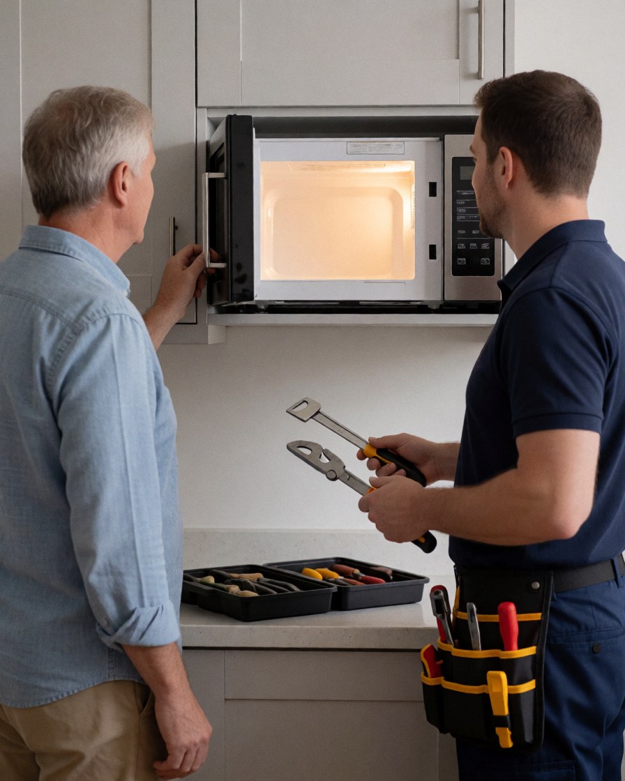 A satisfied customer opens a newly installed microwave in a clean, modern kitchen while a professional installer with tools stands nearby.